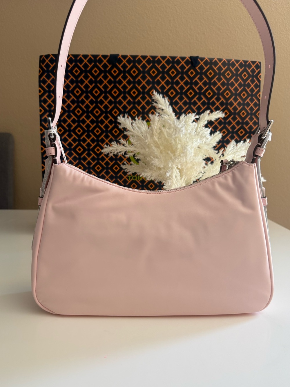 NWT , NYLON SMALL ZIP TOP SHOULDER BAG coral pink $300 - Picture 5 of 11